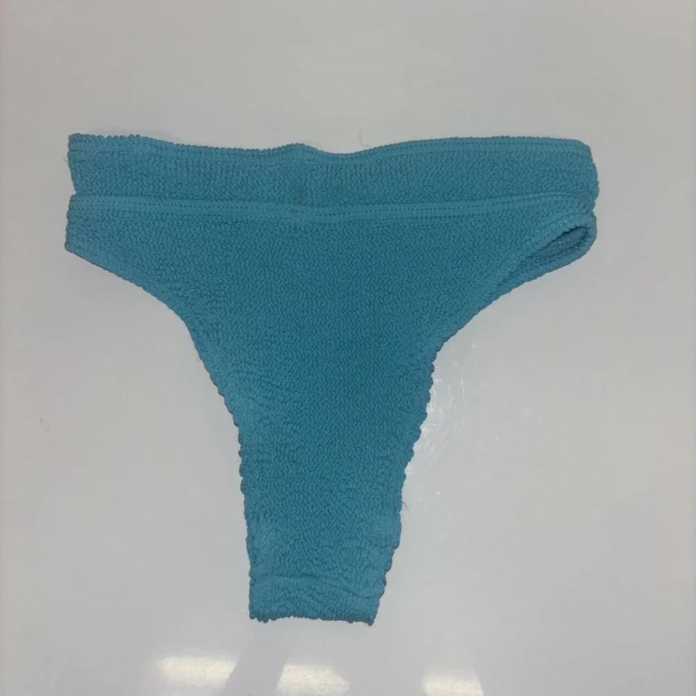 Blue Crinkle Textured High Leg Bikini Bottoms Smocked Swimwear Sz XS designer